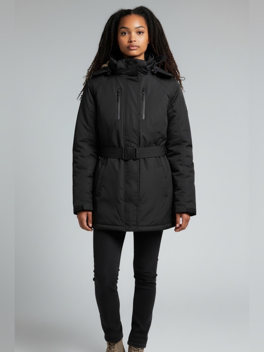 CB Sports Women's Black Belted Faux Fur Hooded Ski Jacket Coat Size L